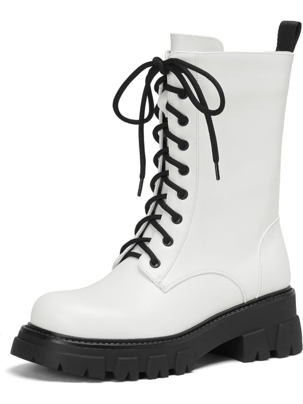 Women's White Harness Motorcycle Steampunk Combat Lace up Chunky Mid Calf Boots